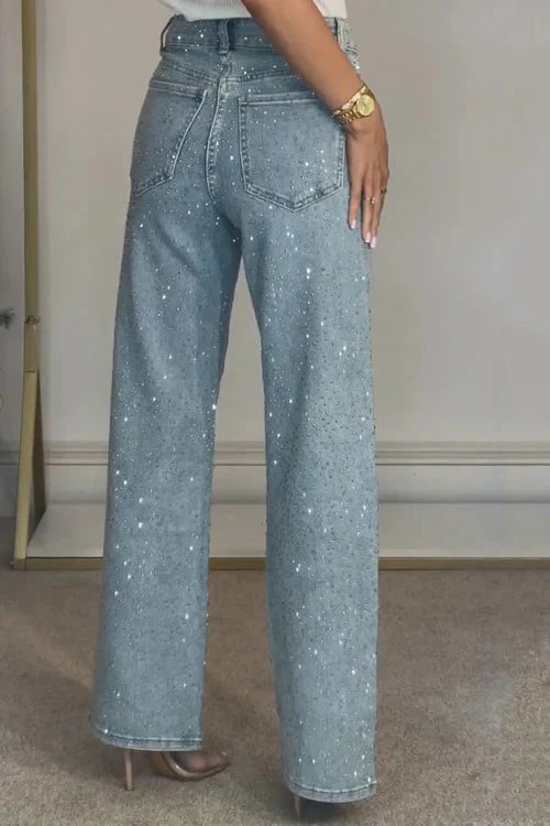 Valeria – Jeans rectos de tiro alto con diamantes