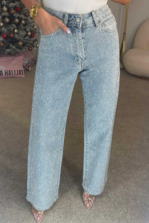 Valeria – Jeans rectos de tiro alto con diamantes