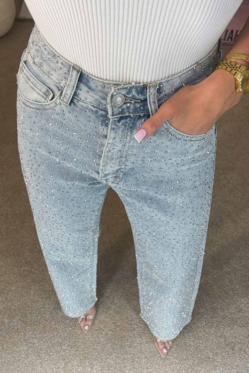 Valeria – Jeans rectos de tiro alto con diamantes