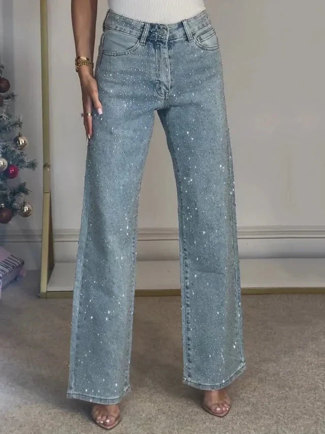 Valeria – Jeans rectos de tiro alto con diamantes