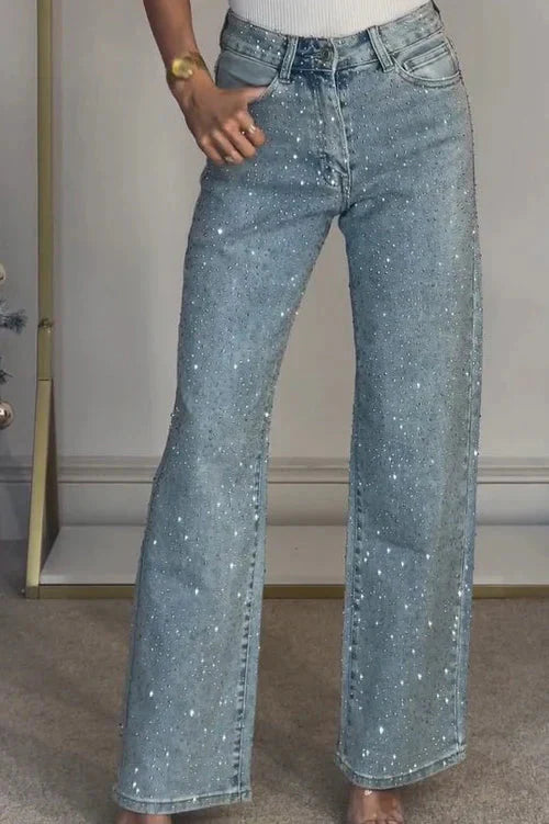 Valeria – Jeans rectos de tiro alto con diamantes