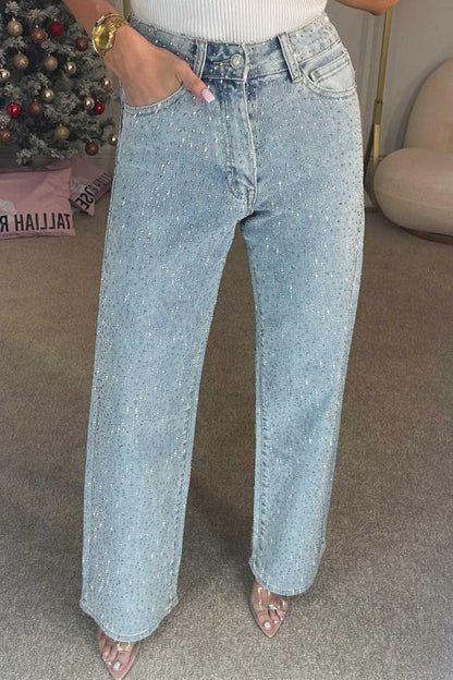 Valeria – Jeans rectos de tiro alto con diamantes