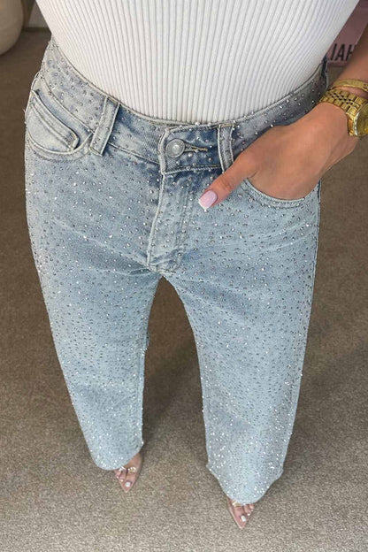 Valeria – Jeans rectos de tiro alto con diamantes